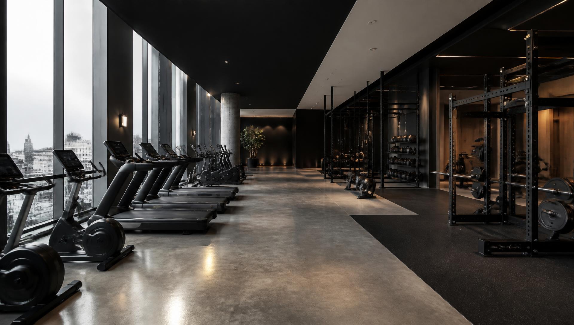 Modern European commercial gym with cardio, strength and functional training equipment